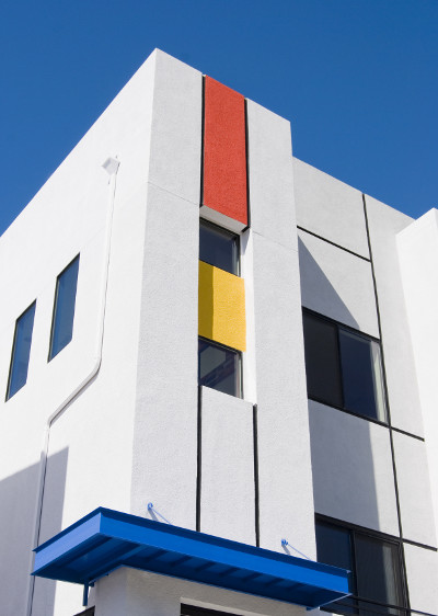 tall building with color blocking painting technique